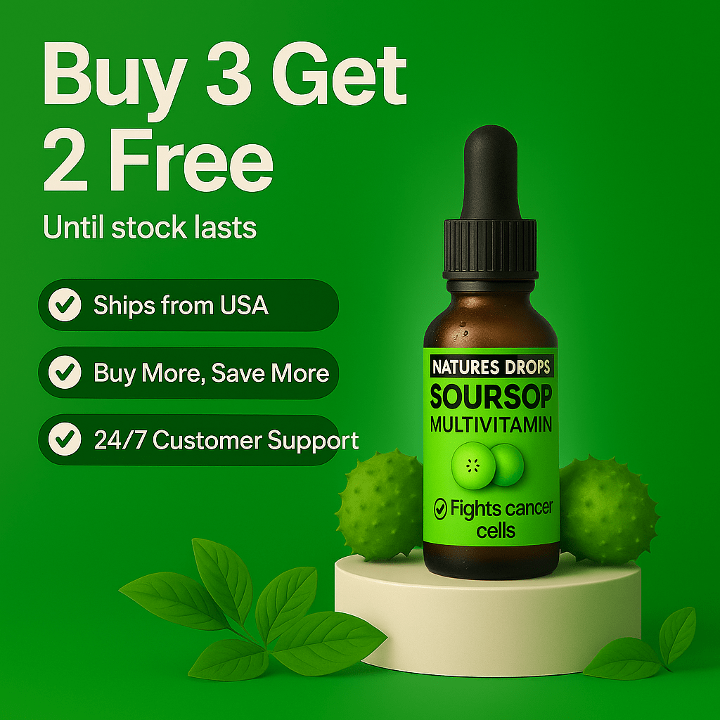 Natures Drops Soursop Multivitamin bottle on a green background with Herbal Soursop Extract supplement label showing ingredients
