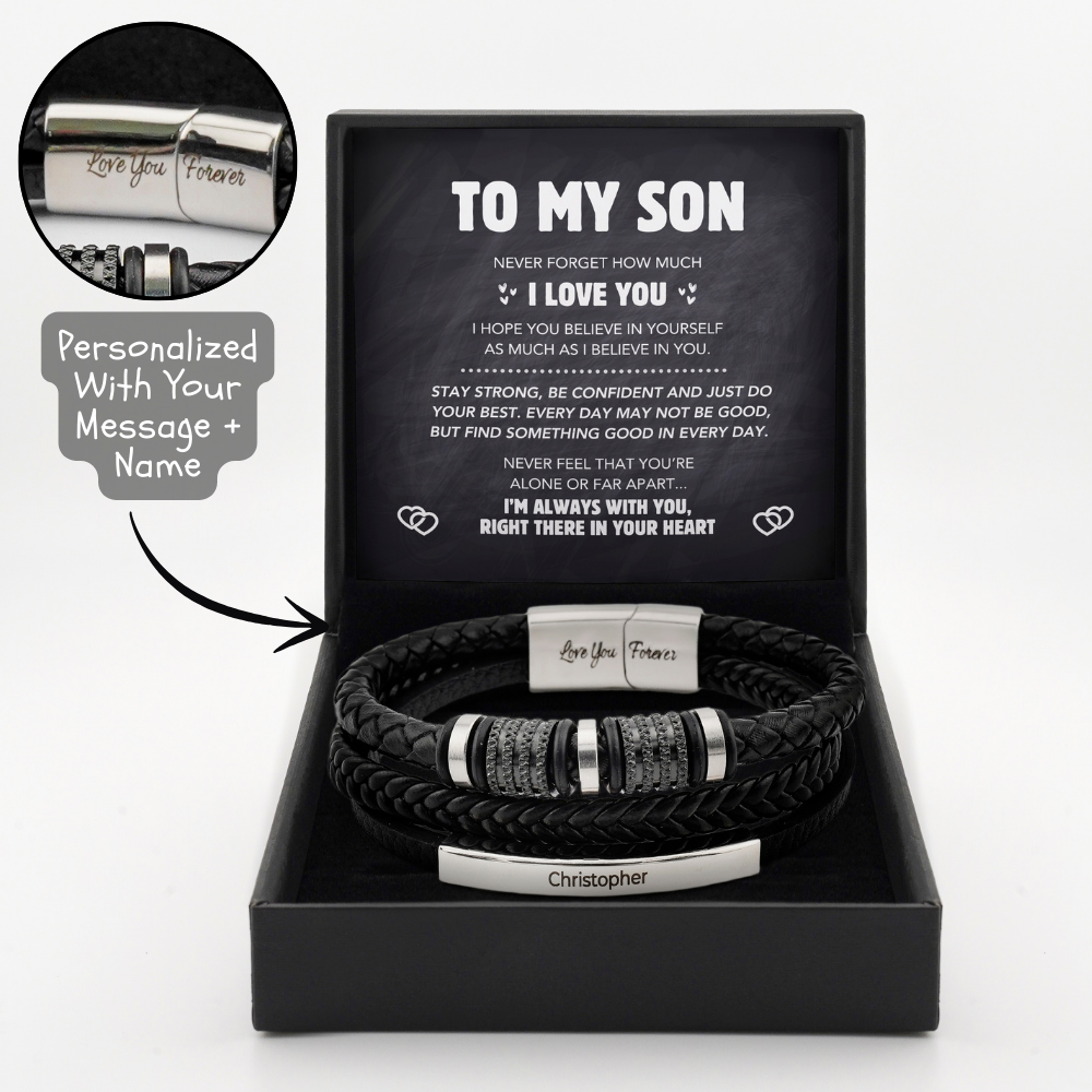 A personalized bracelet with braided black leather and an engraved plate, presented in a box with a heartfelt message to a son.