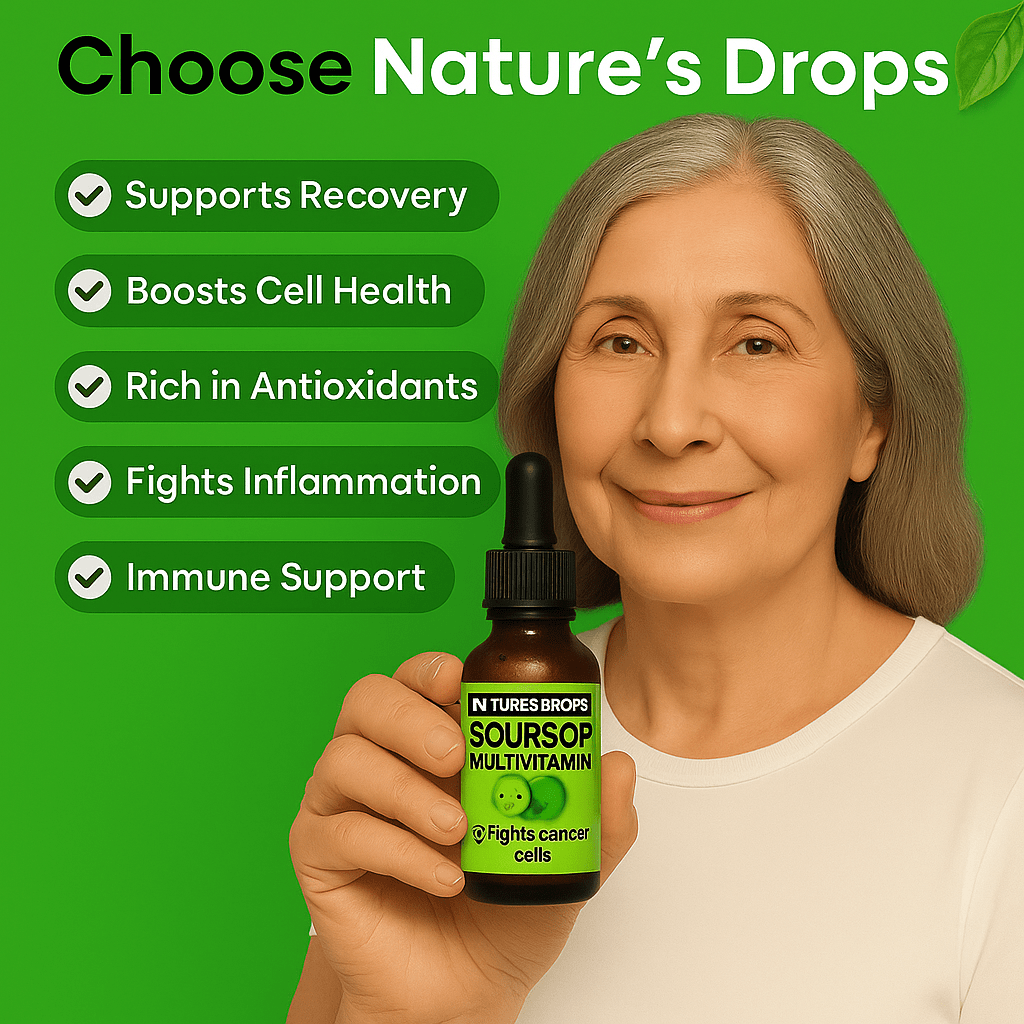 Woman holding a bottle of 'Nature's Drops' Soursop Multivitamin with green background and product features listed.
